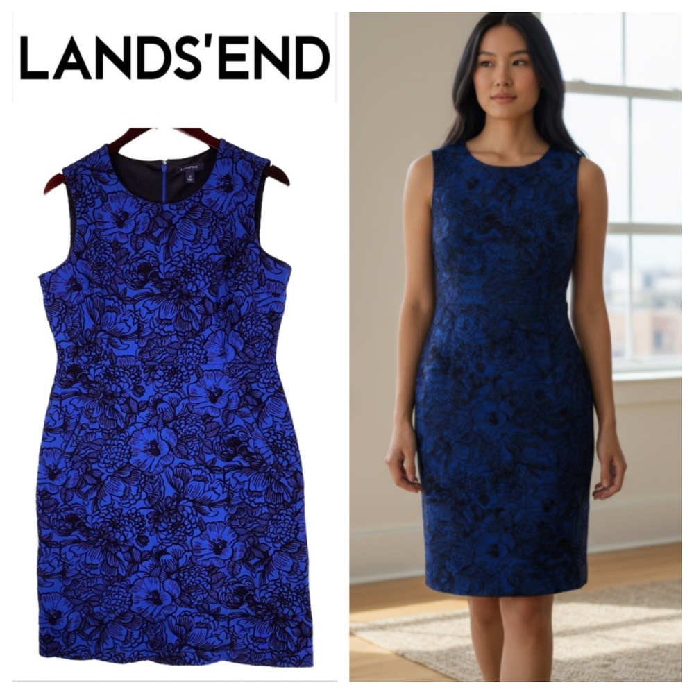 Lands End 12 Large Sheath Dress Velvet Velour Blue Black Floral Career Holiday